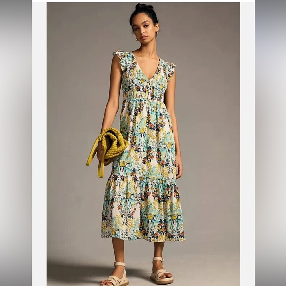 Anthropologie The Peregrine Midi Dress Small Color: Chartreuse Floral NWT